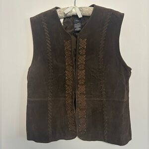 Brown Leather Suede Vest with Floral Embroidery